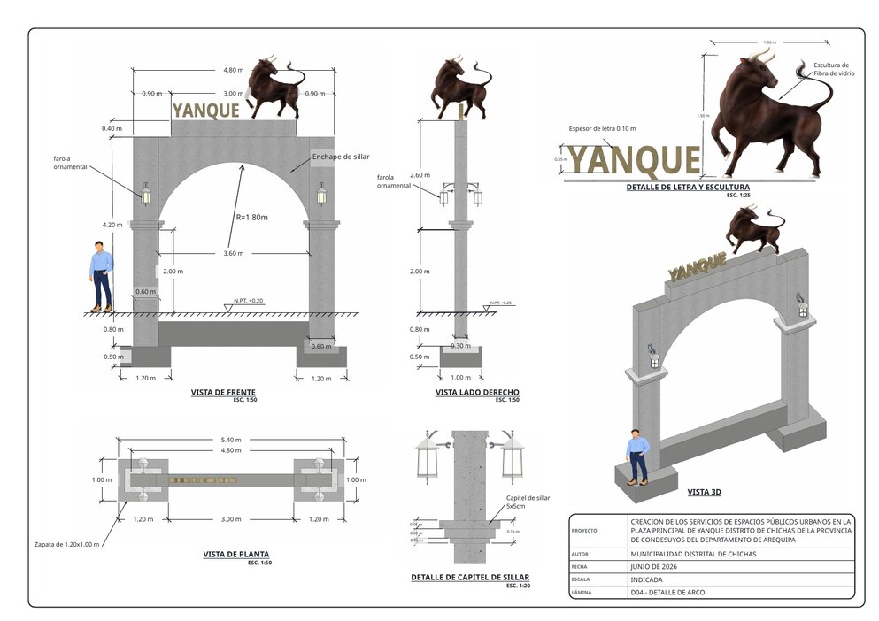 A3 sheet D04 of the YANQUE welcome arch: front, right side, plan and 3D at 1:50, lettering and sculpture detail at 1:25 and ashlar capital detail at 1:20, with dimensions, levels, ground line and title block