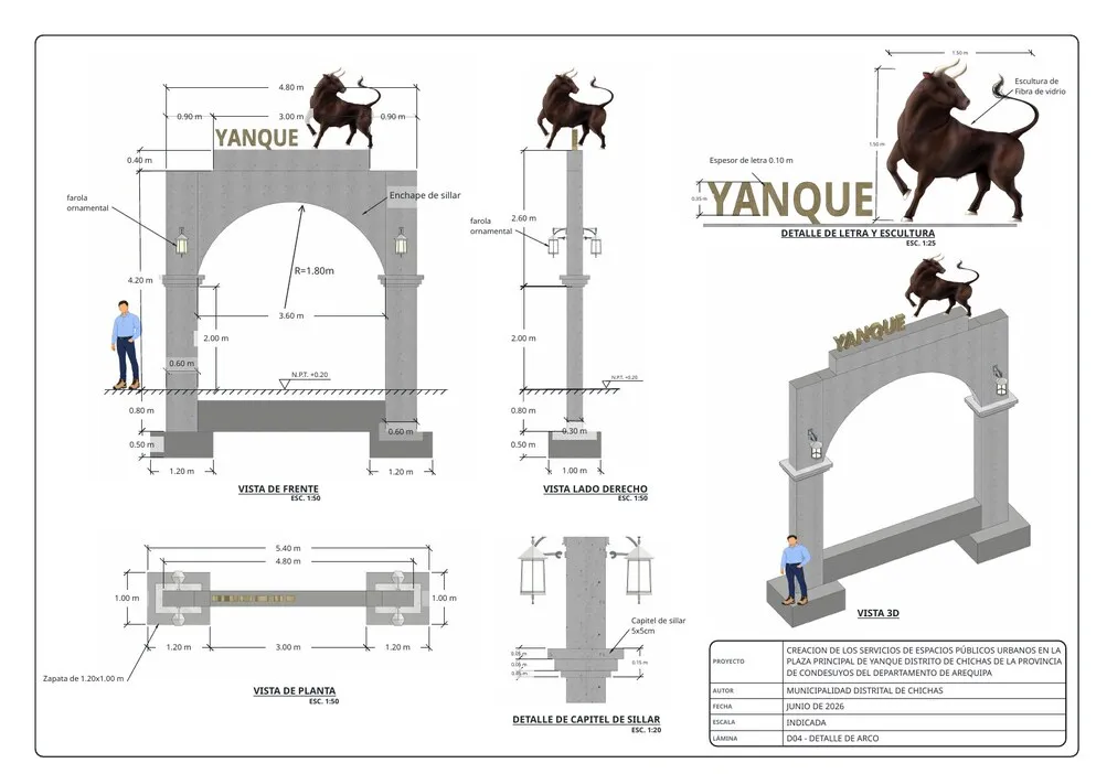 A3 sheet D04 of the YANQUE welcome arch: front, right side, plan and 3D at 1:50, lettering and sculpture detail at 1:25 and ashlar capital detail at 1:20, with dimensions, levels, ground line and title block