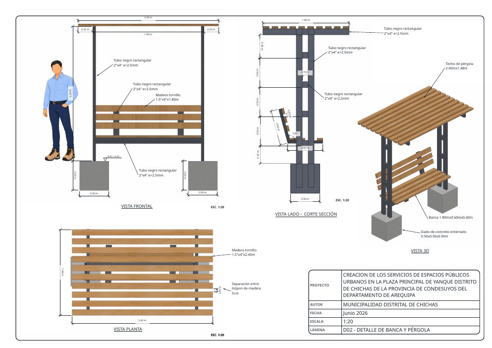 A3 sheet of the bench with pergola: views, chained dimensions and labels