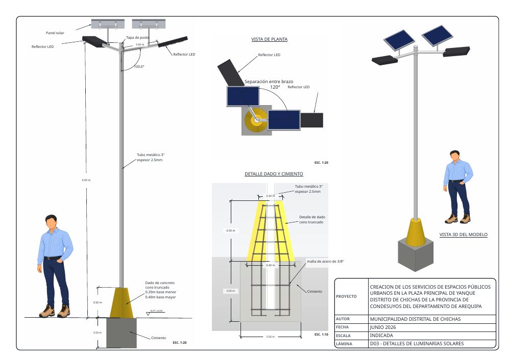 A3 sheet of the solar street light: pole, concrete pedestal and reinforcement detail