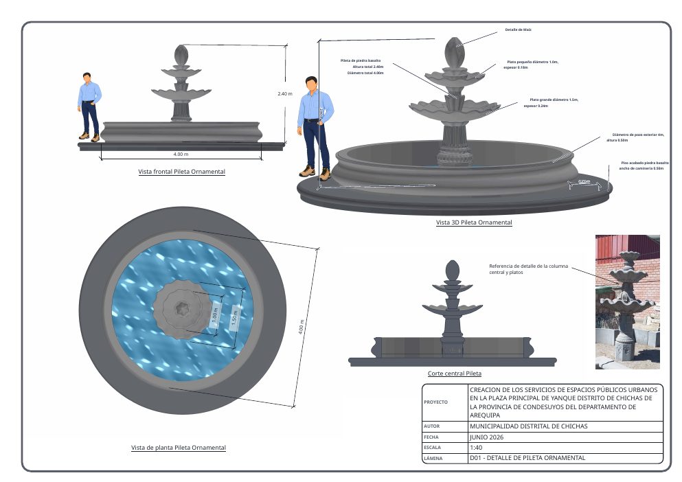A3 sheet of the ornamental fountain: front view, 3D, plan and section at 1:40 with dimensions and title block