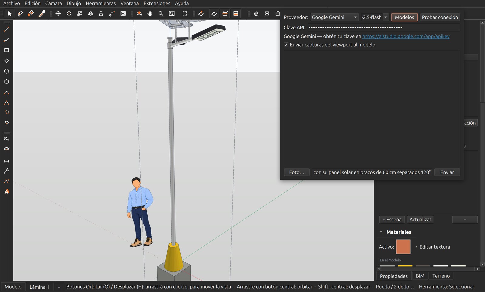 IngeTrazo's AI Assistant open over a solar street-light pole modeled with recipes: provider, key, viewport screenshots and the typed request