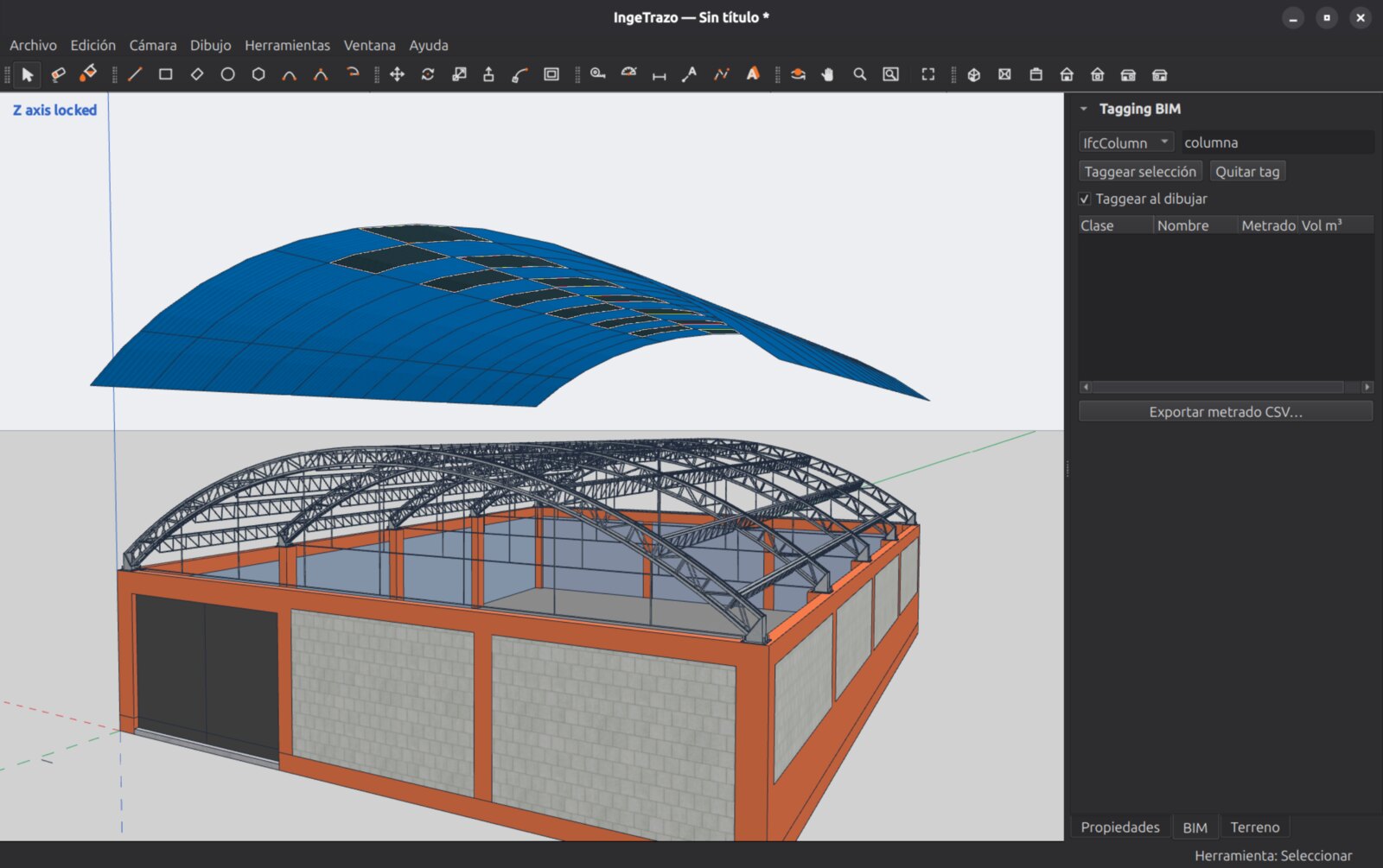 Nave industrial con tijerales metálicos y cobertura curva, con el panel de etiquetado BIM (IfcColumn) abierto