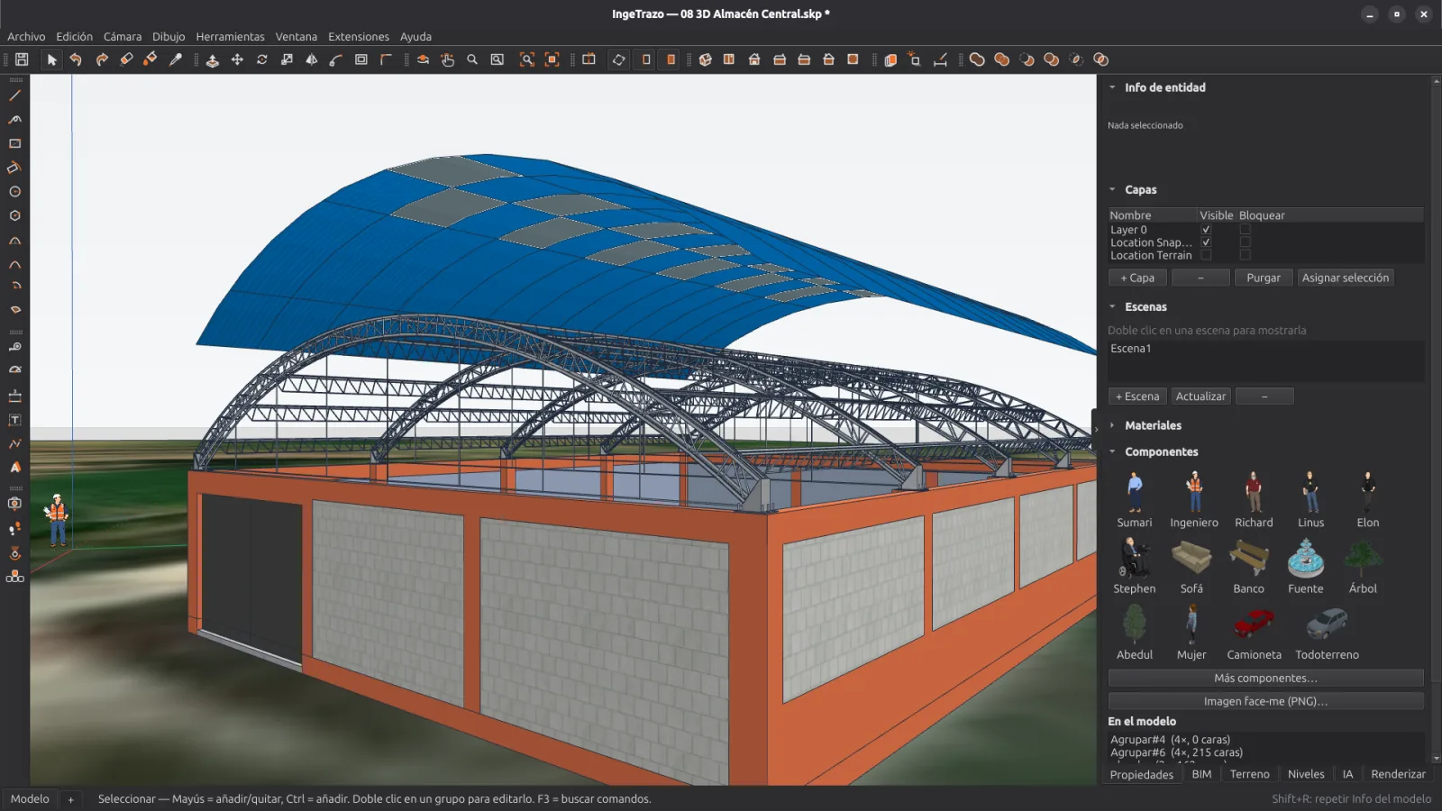Warehouse with arched steel trusses, a curved roof and block walls on the terrain, with the layers, scenes and components panels