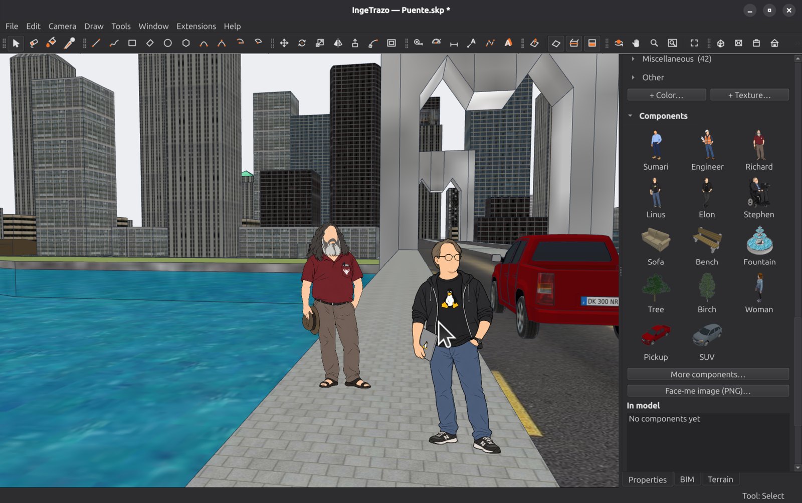 IngeTrazo con un modelo urbano abierto desde SketchUp: dos figuras de escala en el paseo junto al agua y la bandeja de componentes con muebles, árboles y vehículos