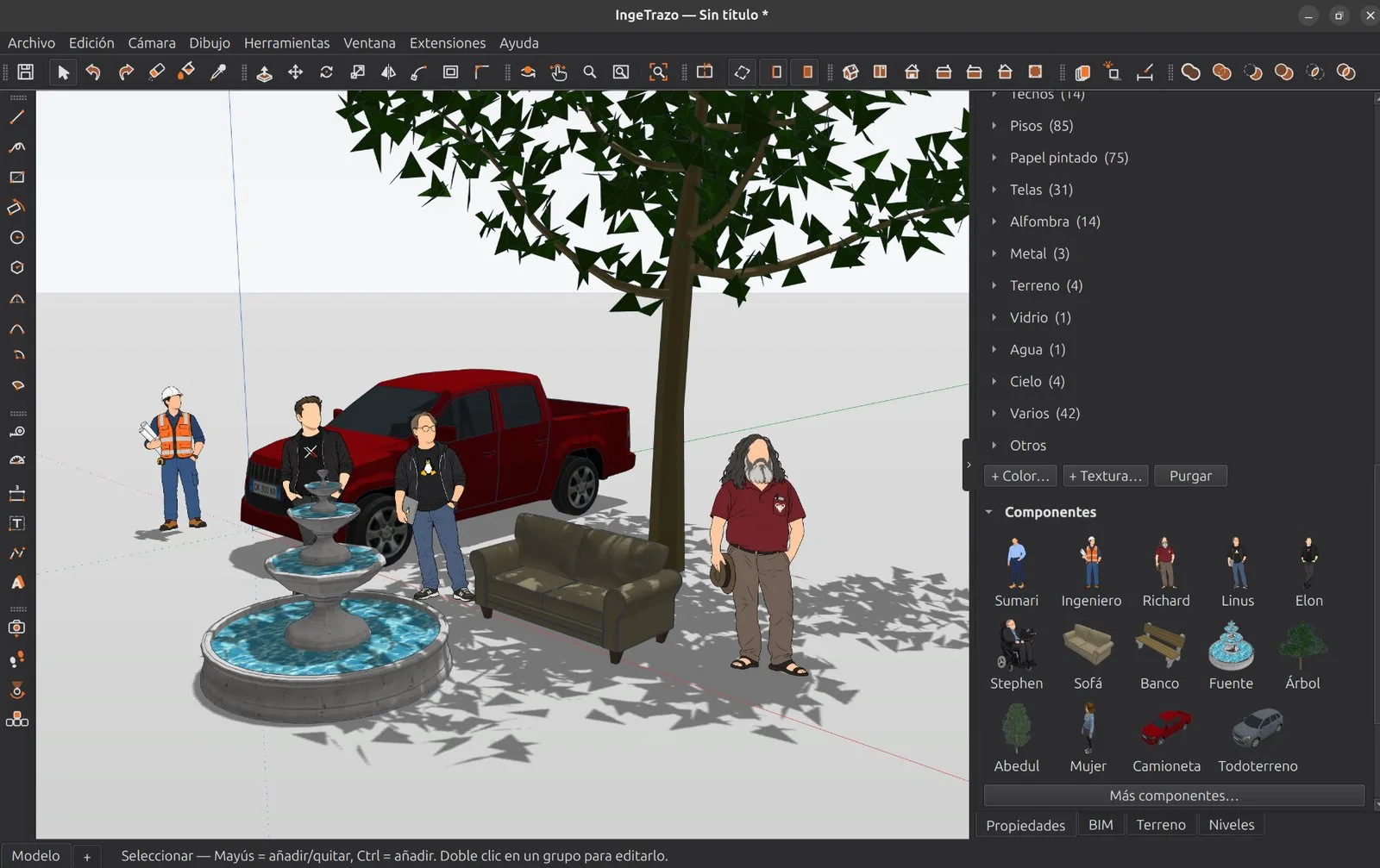 A scene populated from IngeTrazo's component tray: a tree casting shadows, a pickup, a sofa, a fountain and scale figures, with the library of people, furniture, trees and vehicles on the right