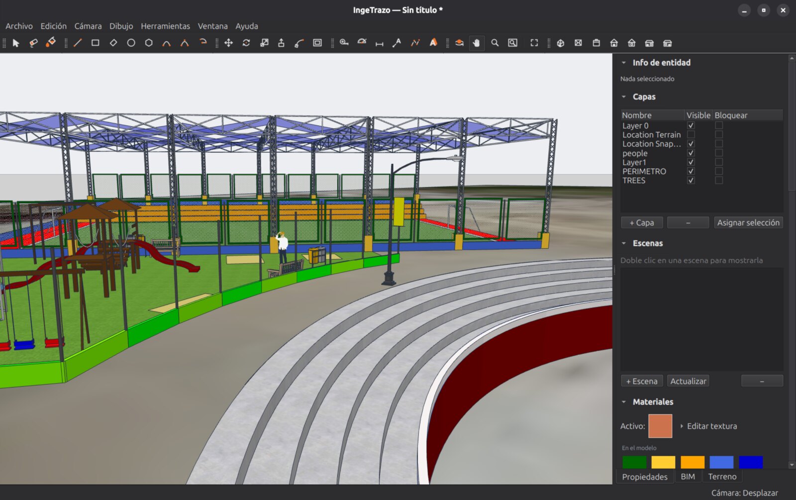 Parque infantil abierto desde su archivo .skp: juegos, tribunas y cobertura, con las capas originales de SketchUp