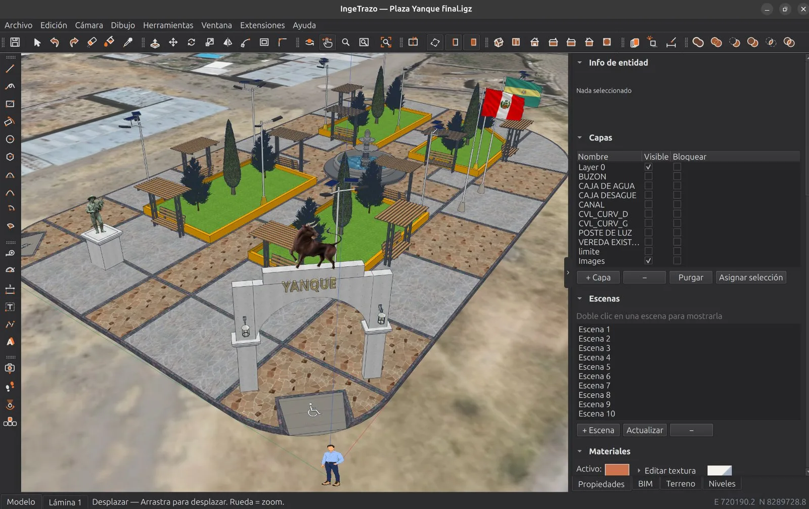 Yanque's main square modelled in IngeTrazo on its satellite terrain: welcome arch, pergolas, gardens, fountain, solar lamp posts and flags, with its layers and scenes in the side panel