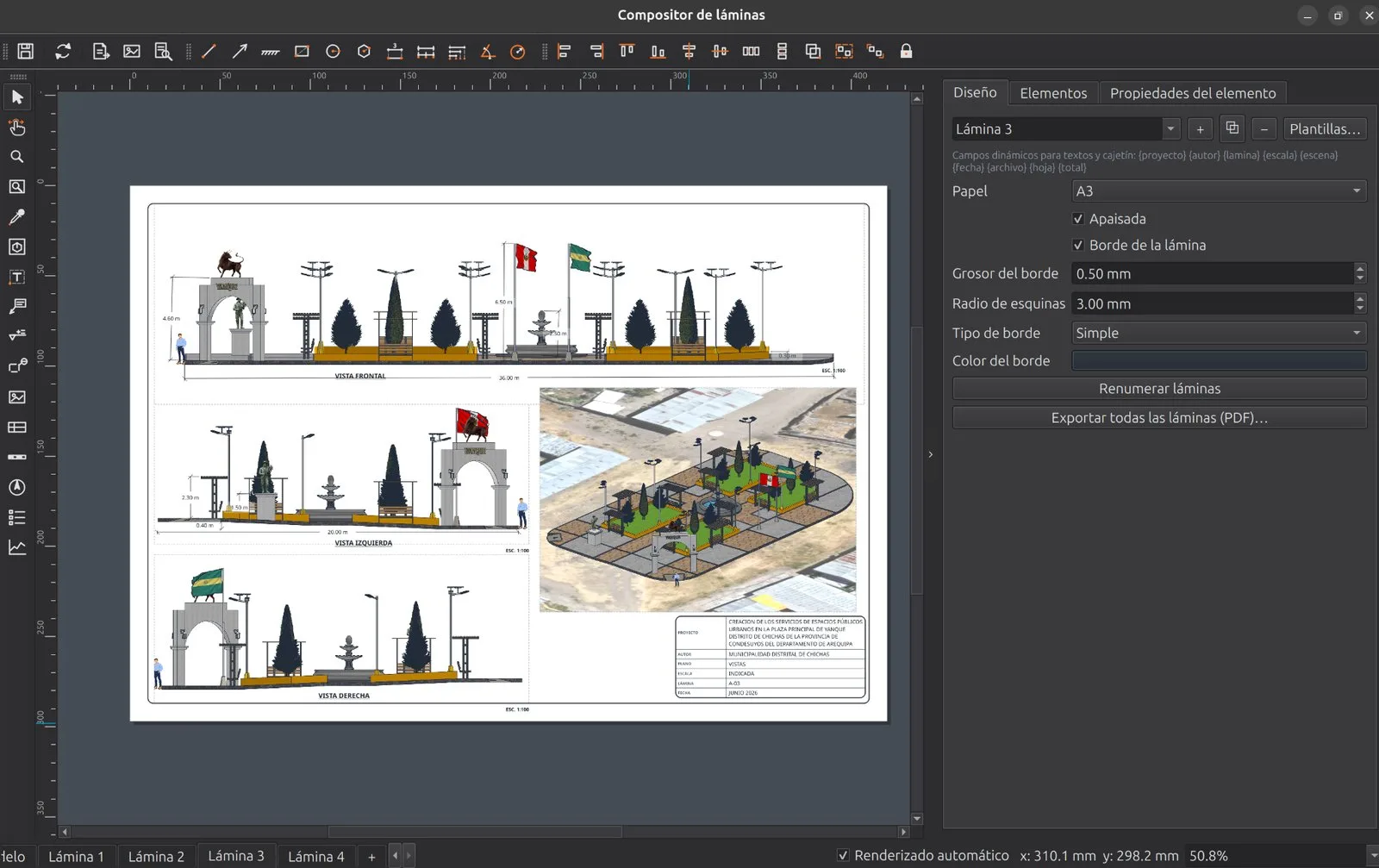 IngeTrazo's sheet composer with an A3 sheet of Yanque's square: front, left and right views at 1:100, a 3D view on the satellite terrain and the title block