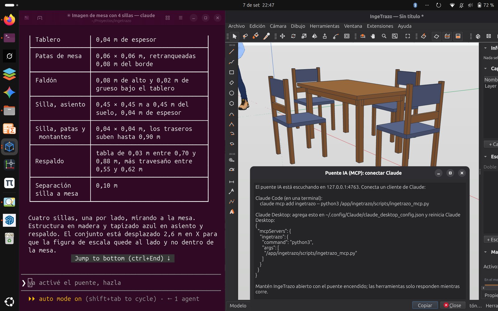 Full Ubuntu desktop: Claude Code in a terminal on the left listing the measurements of the table with four chairs it just drew, and IngeTrazo on the right with the model and the AI Bridge (MCP) dialog open