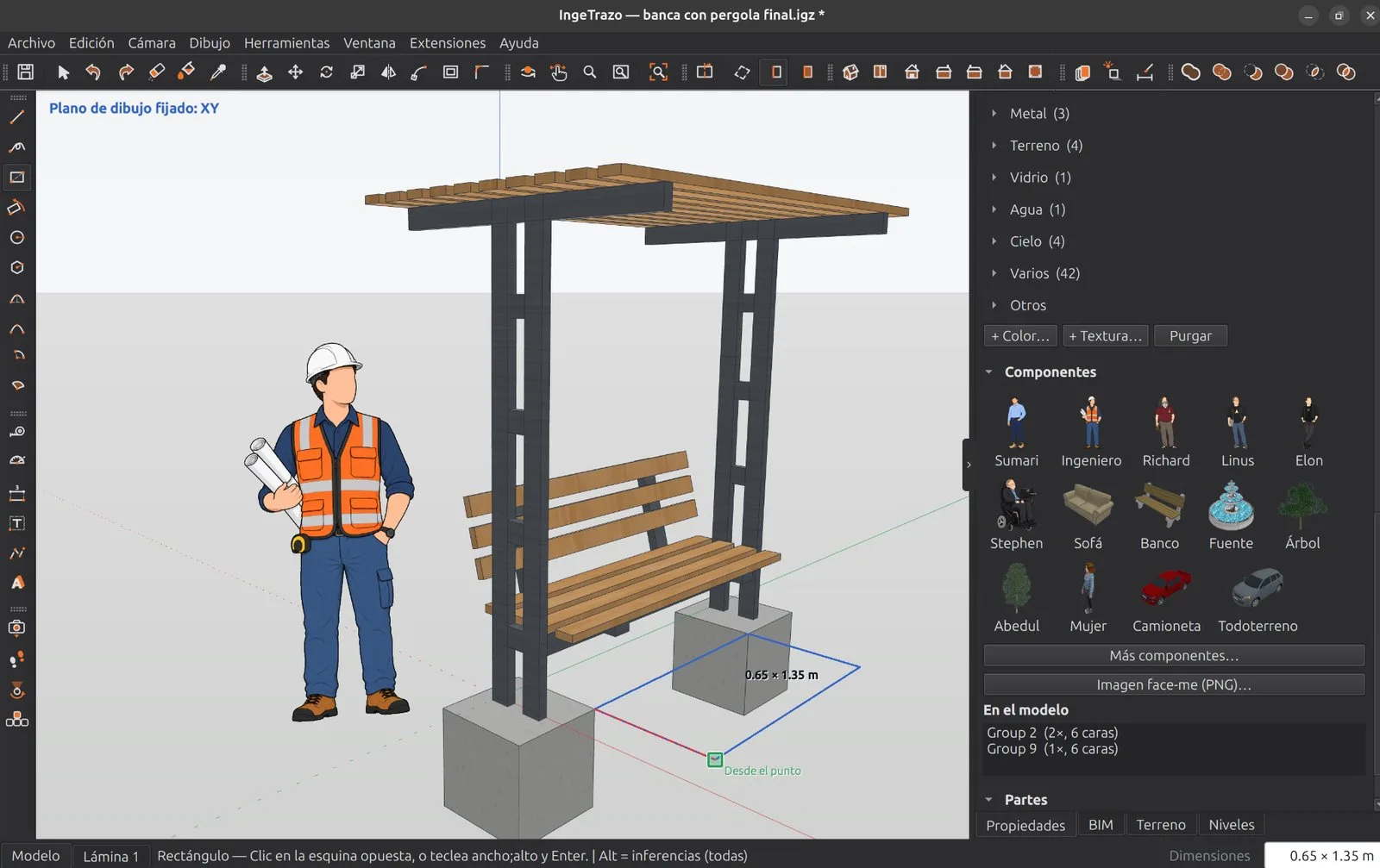 Drawing Yanque's bench with pergola in IngeTrazo: a rectangle half-drawn on the concrete footing with its size, 0.65 × 1.35 m, in the value box, next to the engineer figure in a hard hat