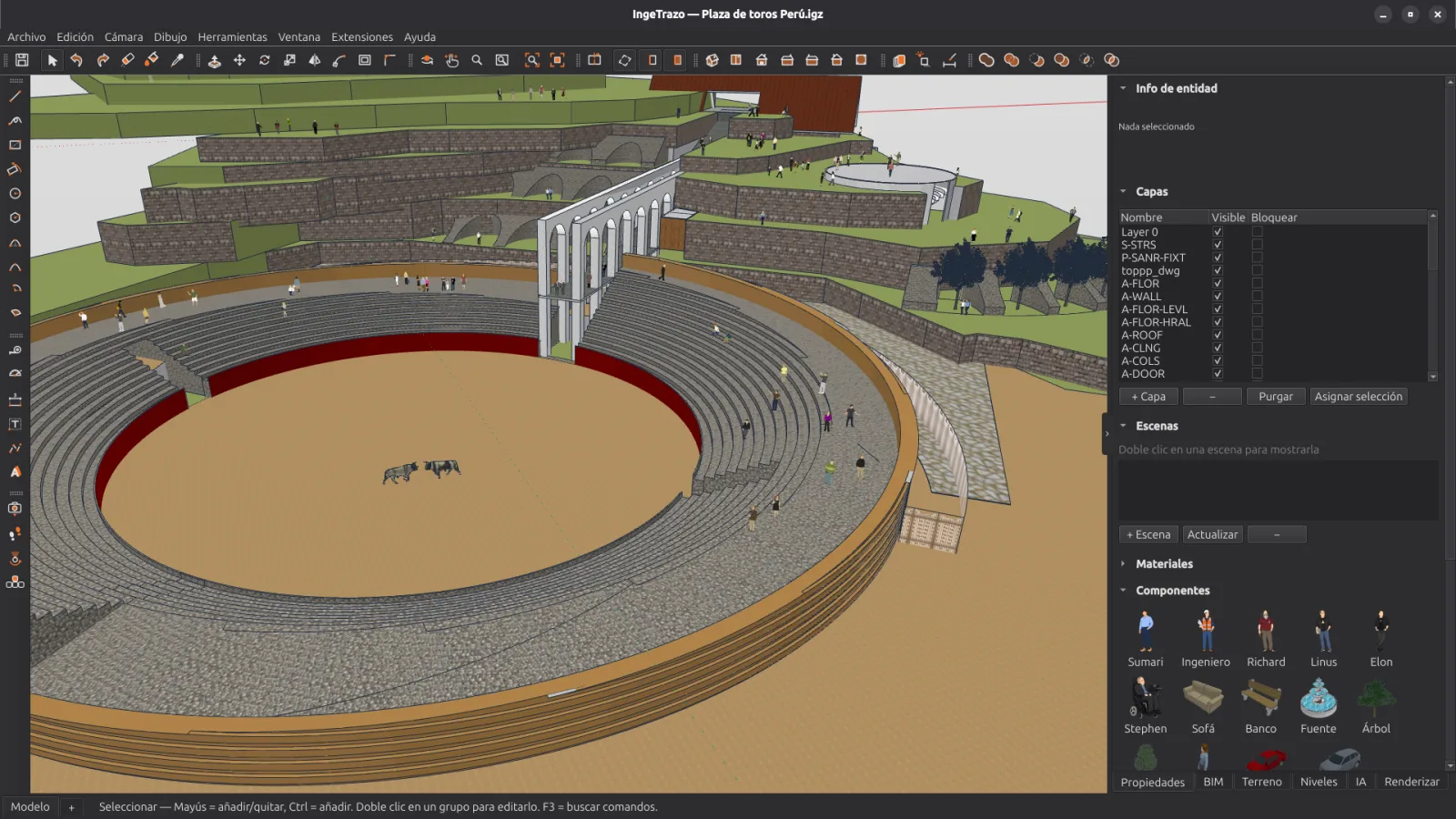 IngeTrazo with a bullring: terraces, stands, arches and spectators, with the layers, scenes and components panels and the Terrain, Levels, AI and Render tabs